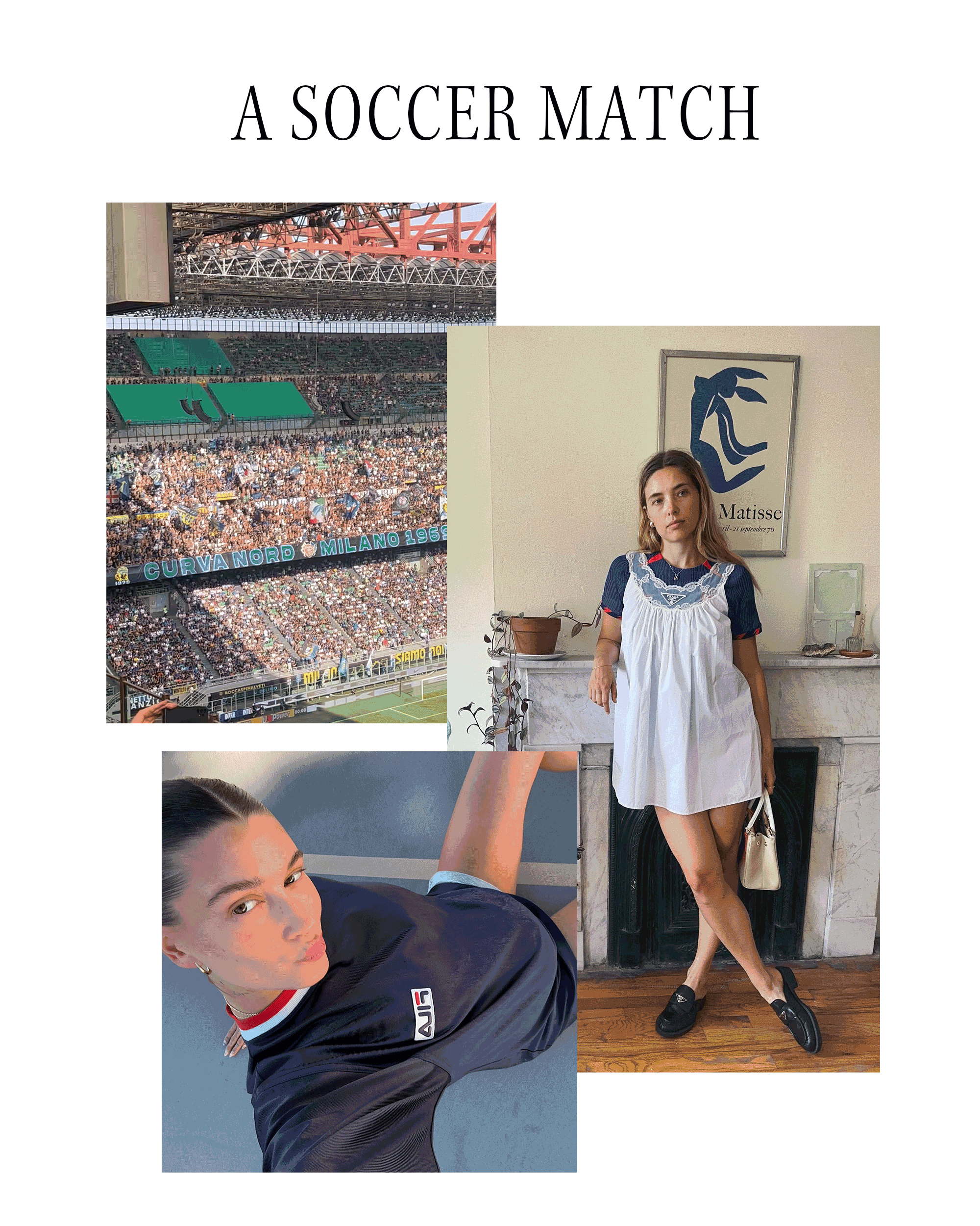 Text: A Soccer Match. Art is a collage including a video taken at San Siro Stadium in Milan, a photo of Aemilia Madden wearing a soccer jersey under a nightgown, and a photo of Hailey Bieber wearing a soccer jersey.