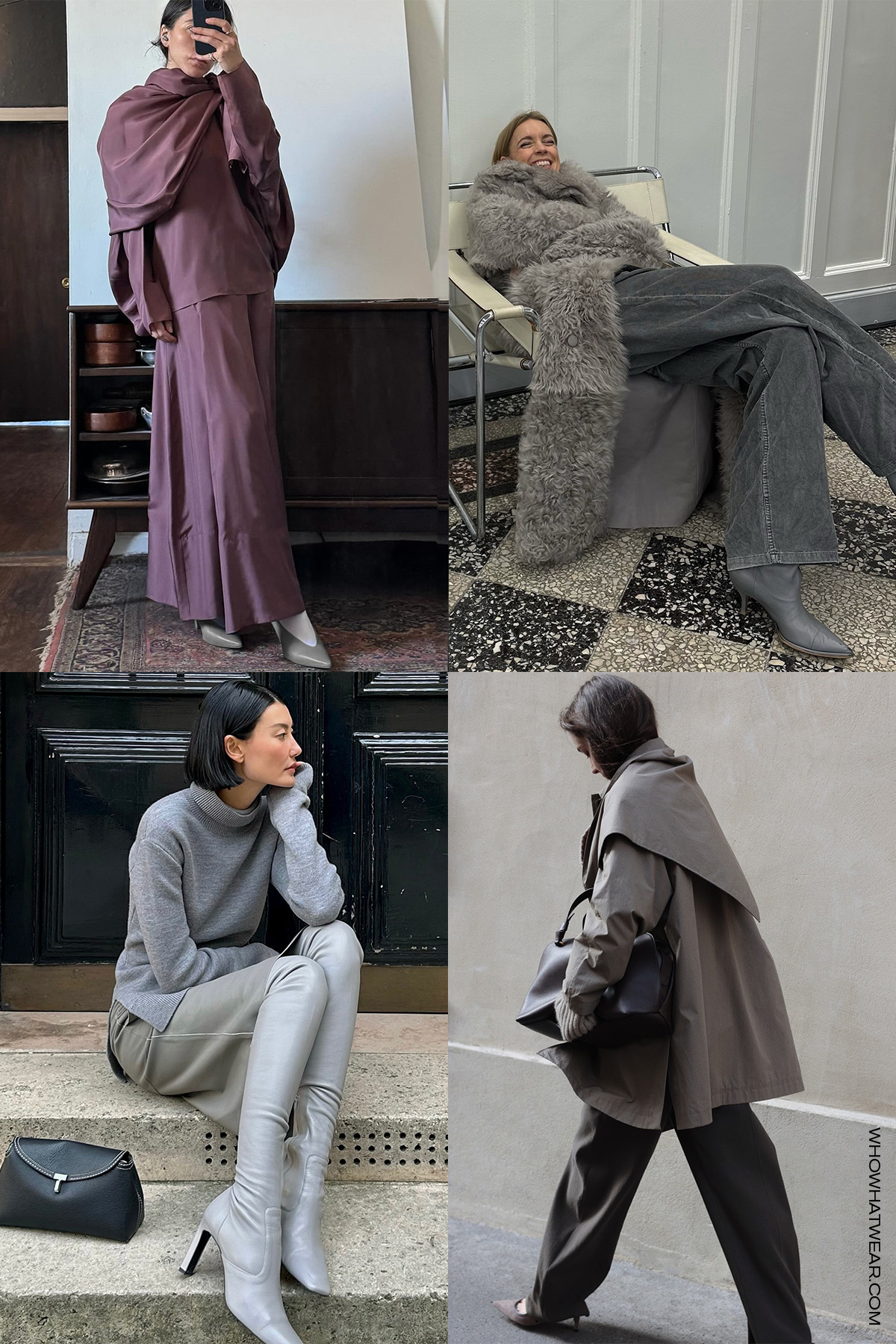 shoe color trends for fall 2025, specifically slate gray, shown in a collage of women's outfits. On the top left, a woman is wearing a red draped gown with slate gray slingback heels. On the top right, a woman is wearing a gray fur coat with matching jeans and gray ankle boots. On the bottom left, a woman is wearing a gray cape trench coat with gray trousers, gray suede heels, and a black bowler bag. On the bottom left, a woman is wearing a gray turtleneck, a gray skirt, and gray knee-high sock boots