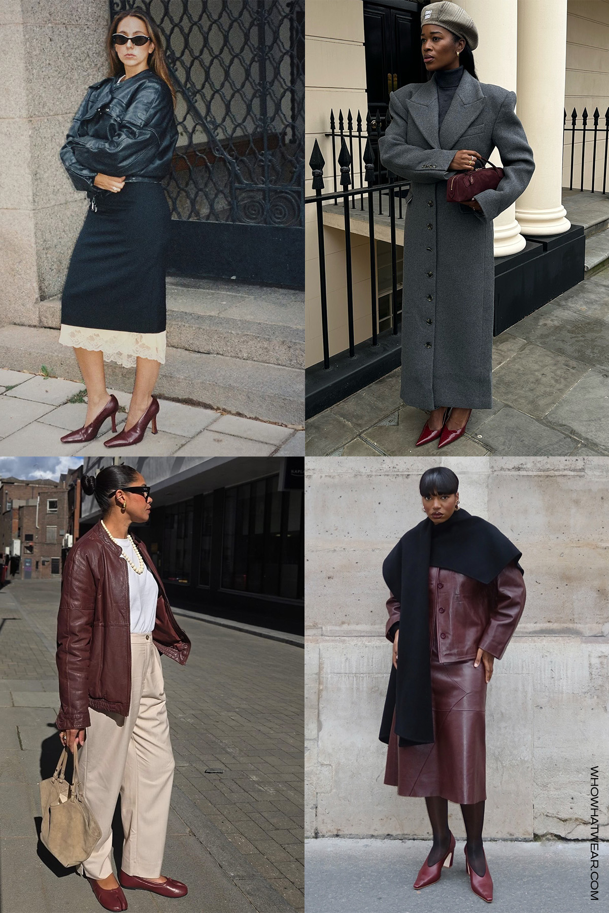 shoe color trends for fall 2025, specifically burgundy red, shown in a collage of women's outfits. On the top left, a woman wearing a black leather jacket with a black pencil skirt and red pumps; on the top right a woman is wearing a gray hat, a gray maxi coat, a gray sweater dress, red pointed wedges and a red bag; on the bottom right a woman wears a red leather jacket, a red leather skirt, black tights, and red pumps; on the bottom left, a woman is wearing a red leather jacket, a white t-shirt, tan trousers, and red ballet flats