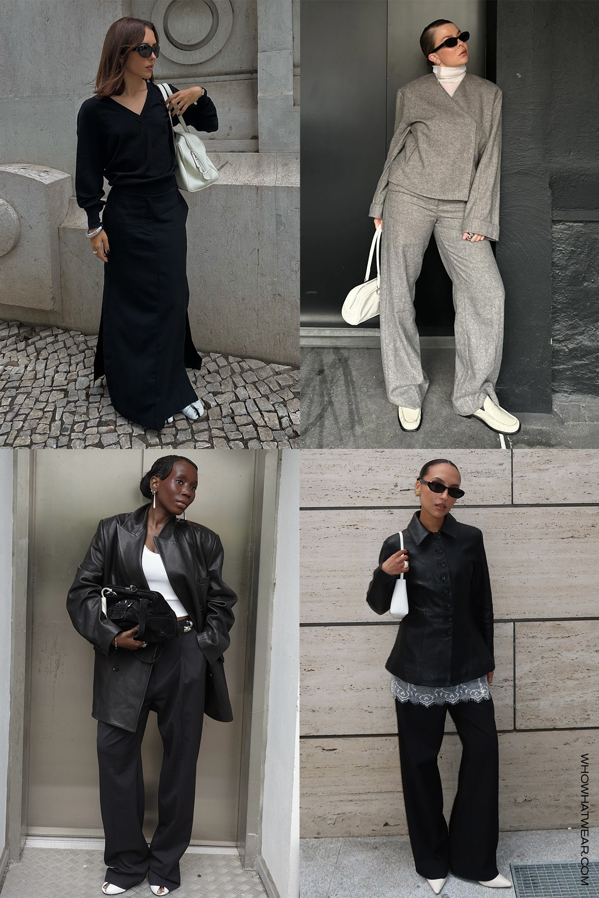 shoe color trends for fall 2025, specifically crisp white, shown in a collage of women's outfits with an influencer on the top left wearing a black sweater with a black maxi skirt and white tabi shoes; on the top right wearing a gray suit with white loafers; on the bottom left with a leather jacket and black trousers and white pointed heels; on the bottom left with a woman wearing a black leather blazer, white thank top, black trousers, and white cutout peep-toe heels