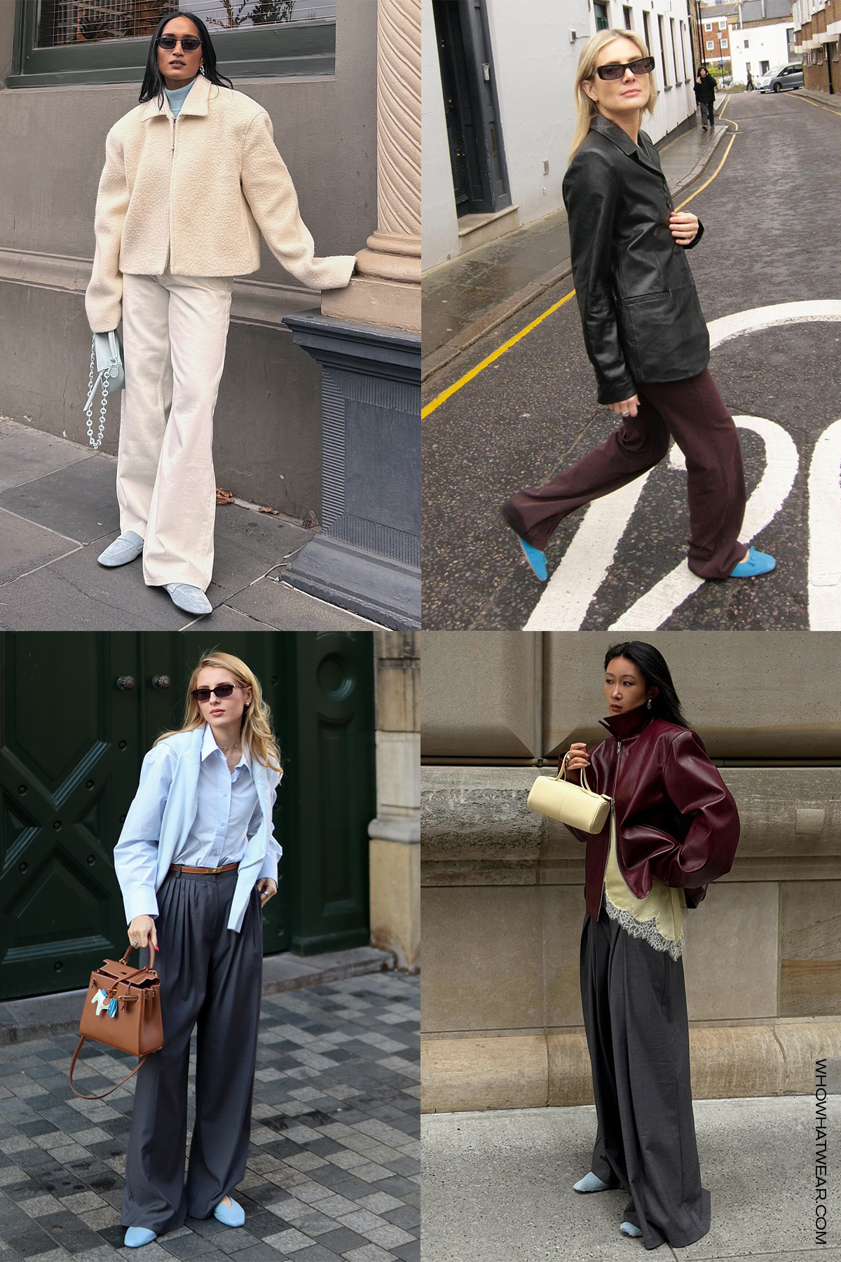 shoe color trends for fall 2025, specifically pastel blue, in a collage of women's outfits. On the top left, a woman is wearing a cream coat with a pastel blue turtleneck, white jeans, and suede blue loafers. On the top right, a woman is wearing a black blazer with brown trousers and blue ballet flats; on the bottom right, a woman is wearing a red leather bomber jacket over a yellow slip top with gray trousers and baby blue pony hair heels. On the bottom right, a woman is wearing a blue button-down, gray trousers, and blue flats.