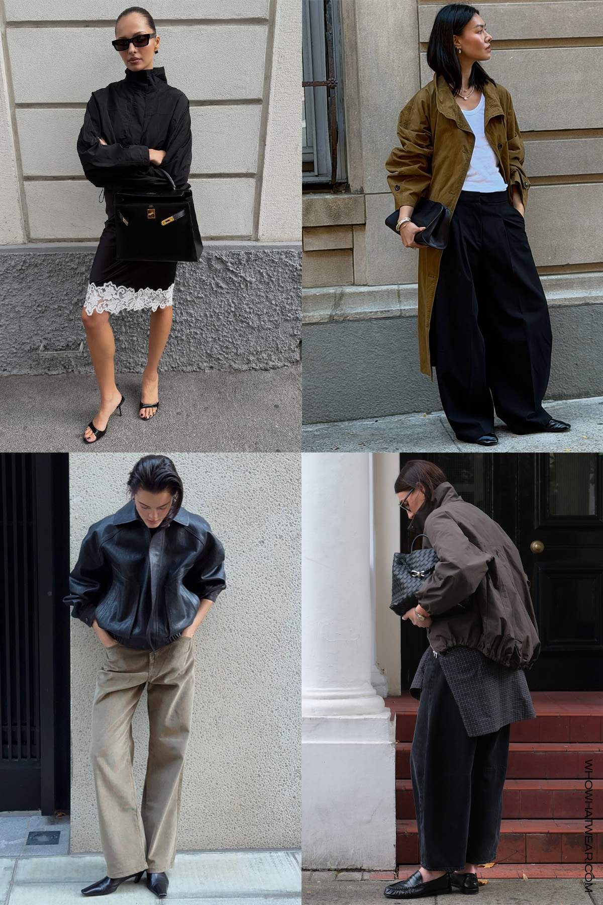 shoe color trends for fall 2025, specifically glossed black, in a collage of women's outfits. On the top left, a woman is wearing a black windbreaker jacket with a black slip skirt and patent black heeled mules. On the top right, a woman is wearing an olive green trench coat with a white t-shirt, black barrel jeans, and black loafers. On the bottom left, a woman is wearing a brown windbreaker with a gray sweater, black jeans, and black shiny loafers. On the bottom left, a woman is wearing a black leather bomber jacket with tan pants and black pointed ankle boots.