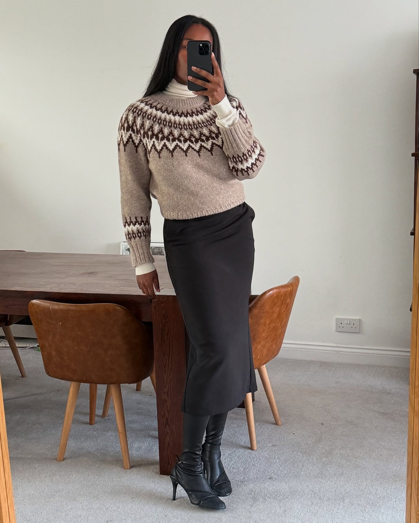 @nlmarilyn wearing a turtleneck sweater underneath a crewneck sweater.