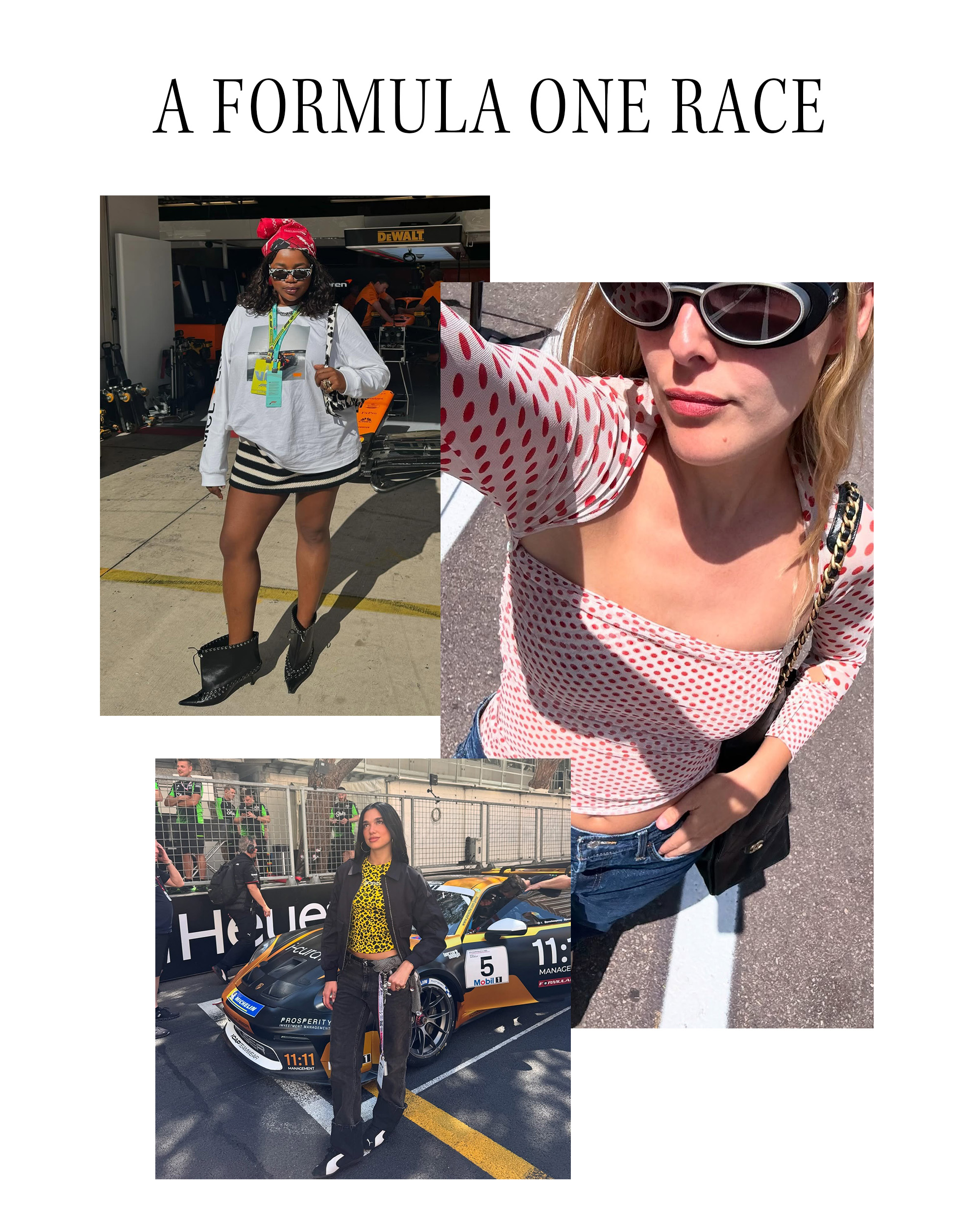 Text: A Formula One Race. Art is a collage of three women at Formula One races.