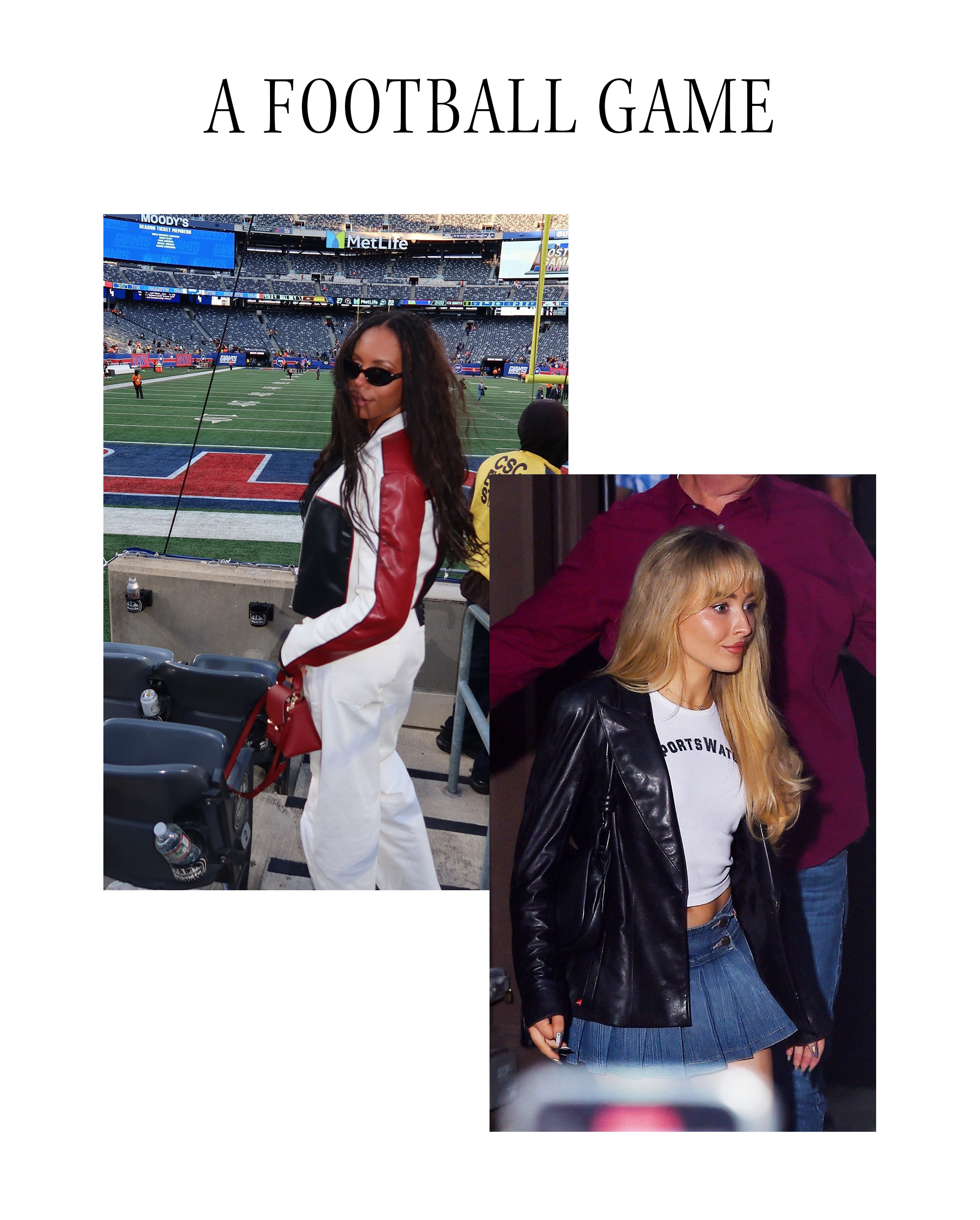 Text: A Football Game. Art is a collage of two women at professional football games.