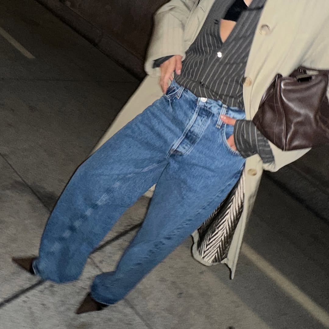 Woman wearing new denim trend for 2026.