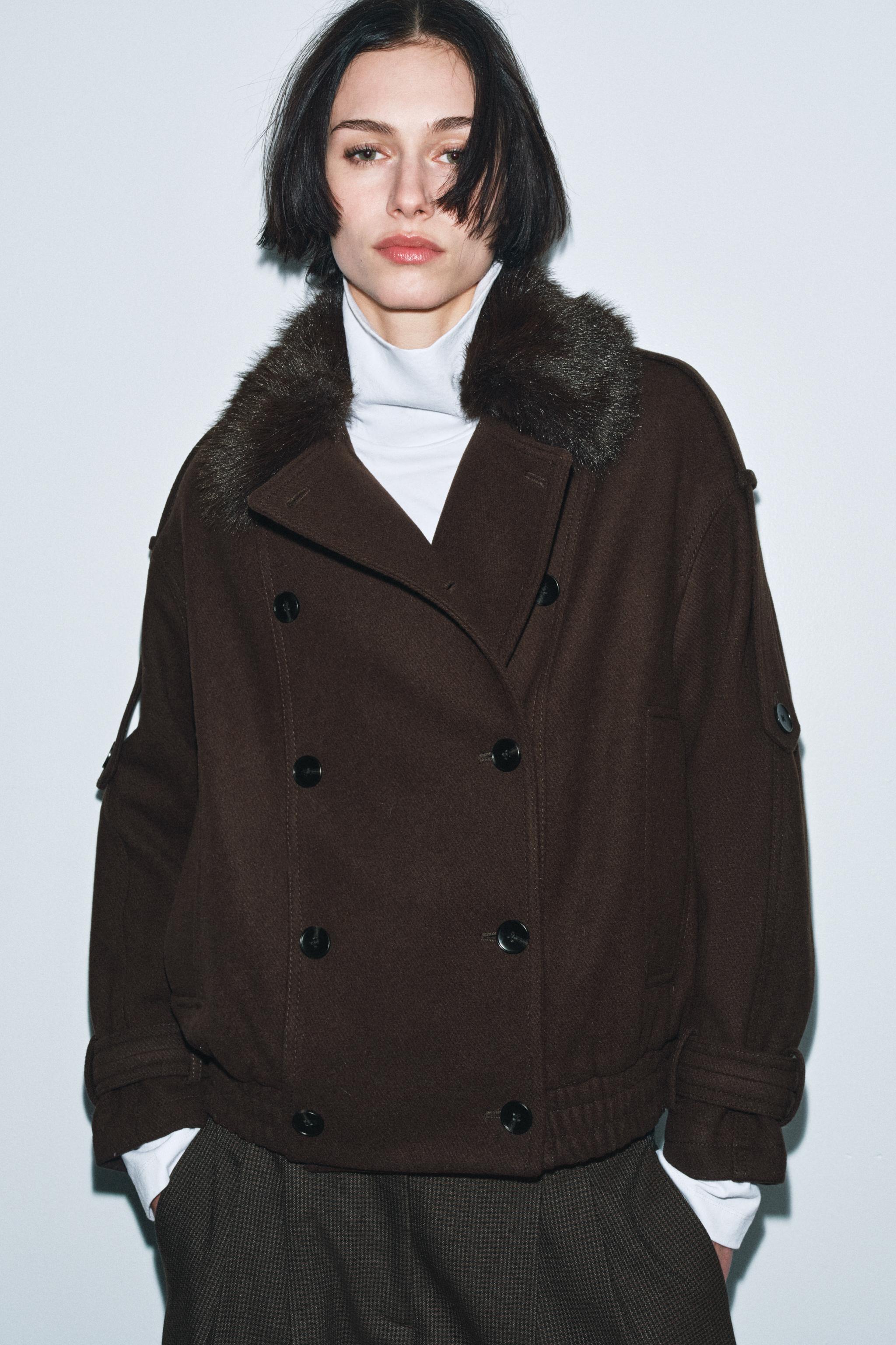 Wool Blend Faux Fur Collar Jacket Zw Collection
