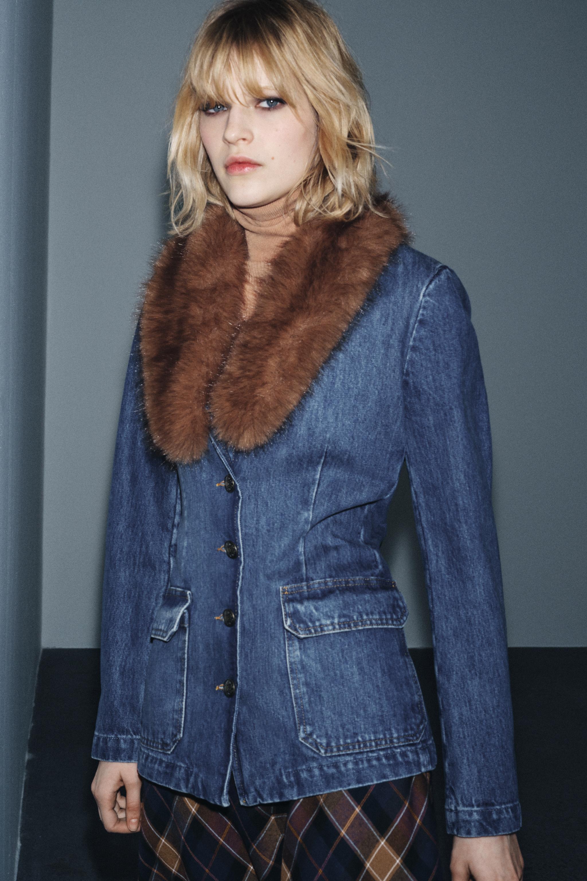 Denim Blazer With Faux Fur Collar Zw Collection