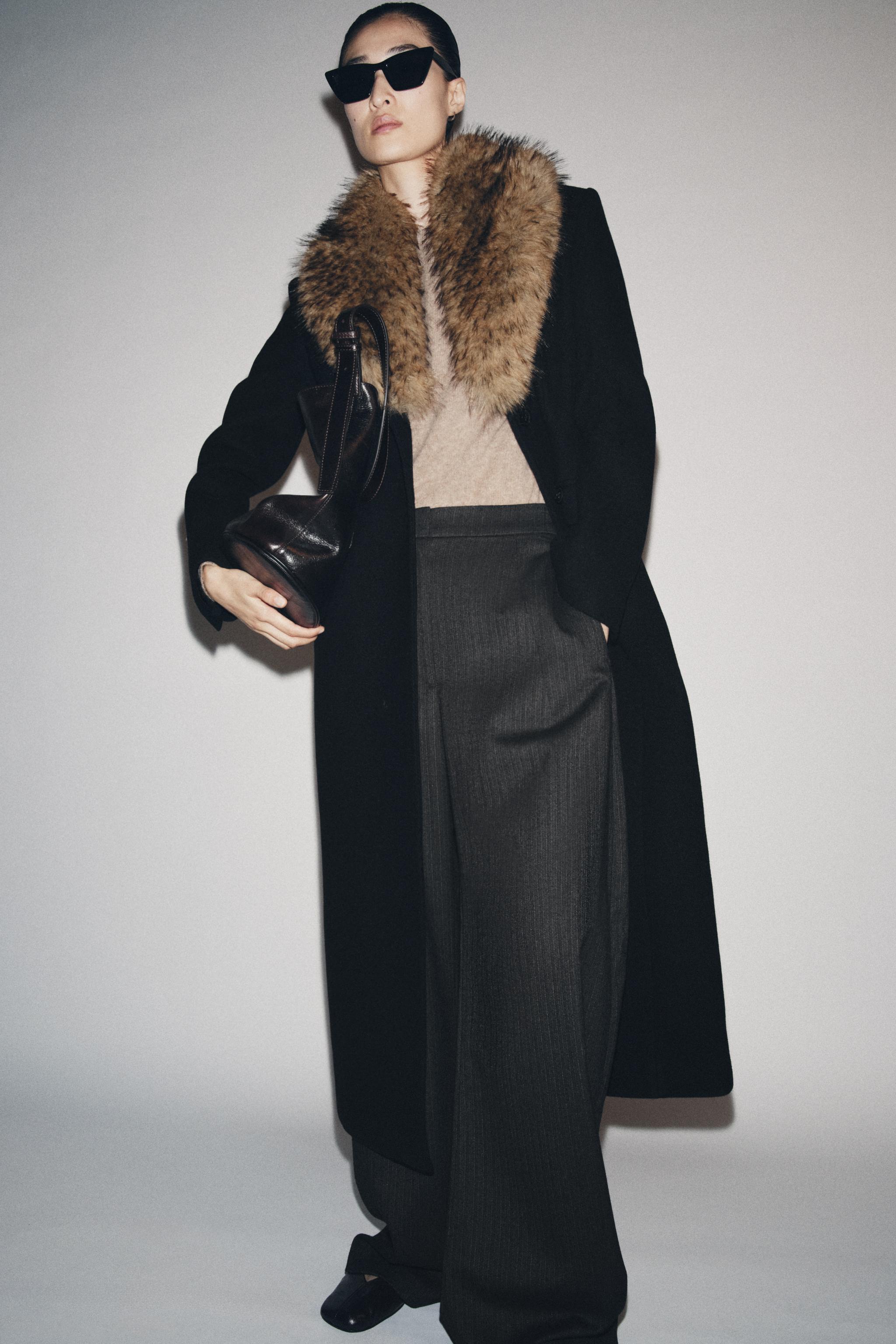 Wool Blend Coat With Faux Fur Collar Zw Collection
