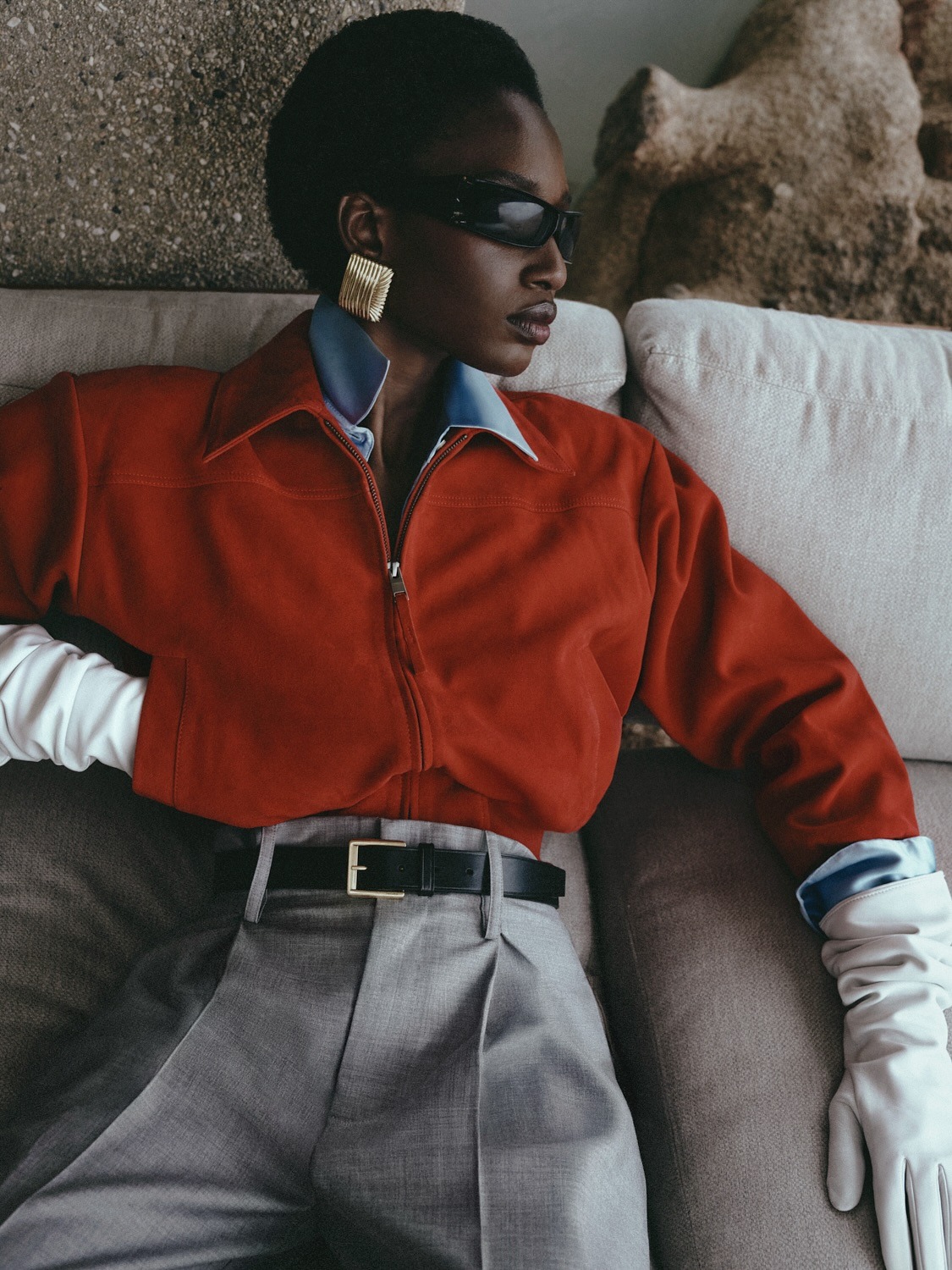 Model wearing colored gloves for Helsa campaign.