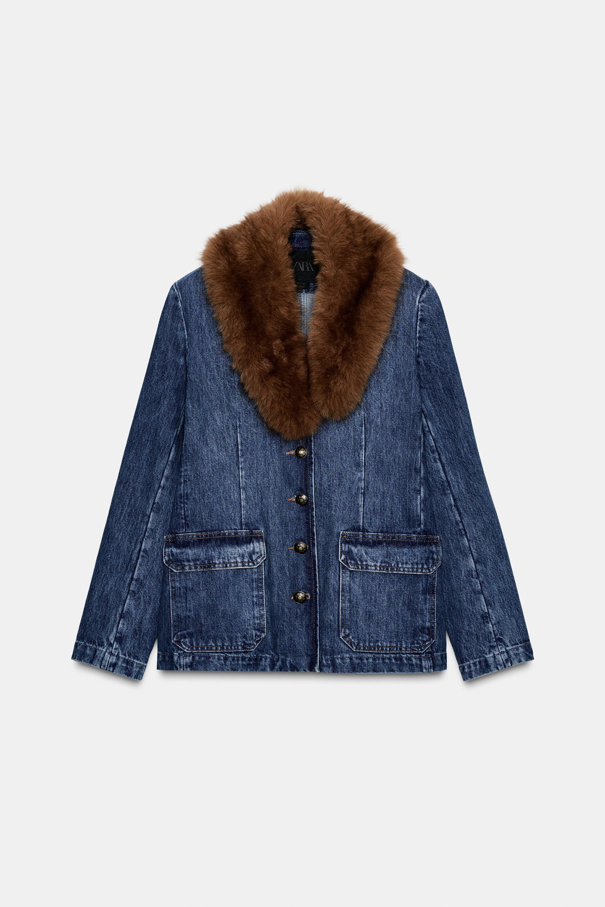 Denim Blazer With Faux Fur Collar Zw Collection