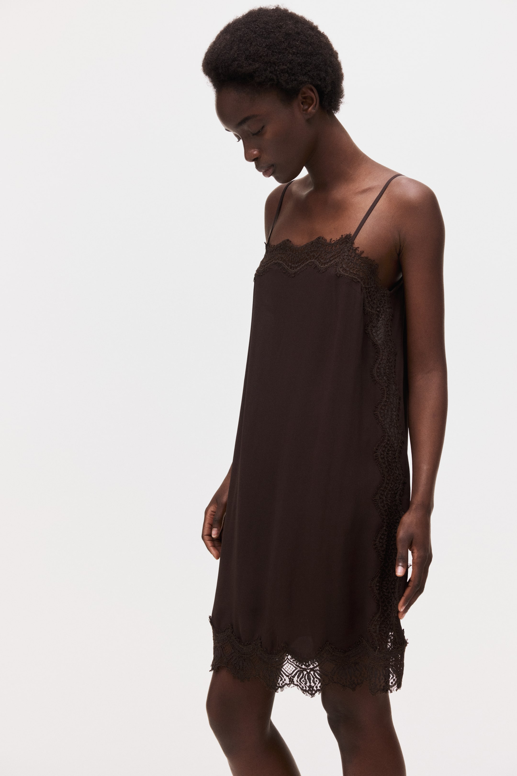 Lace-Trimmed Viscose Dress - Dark Brown