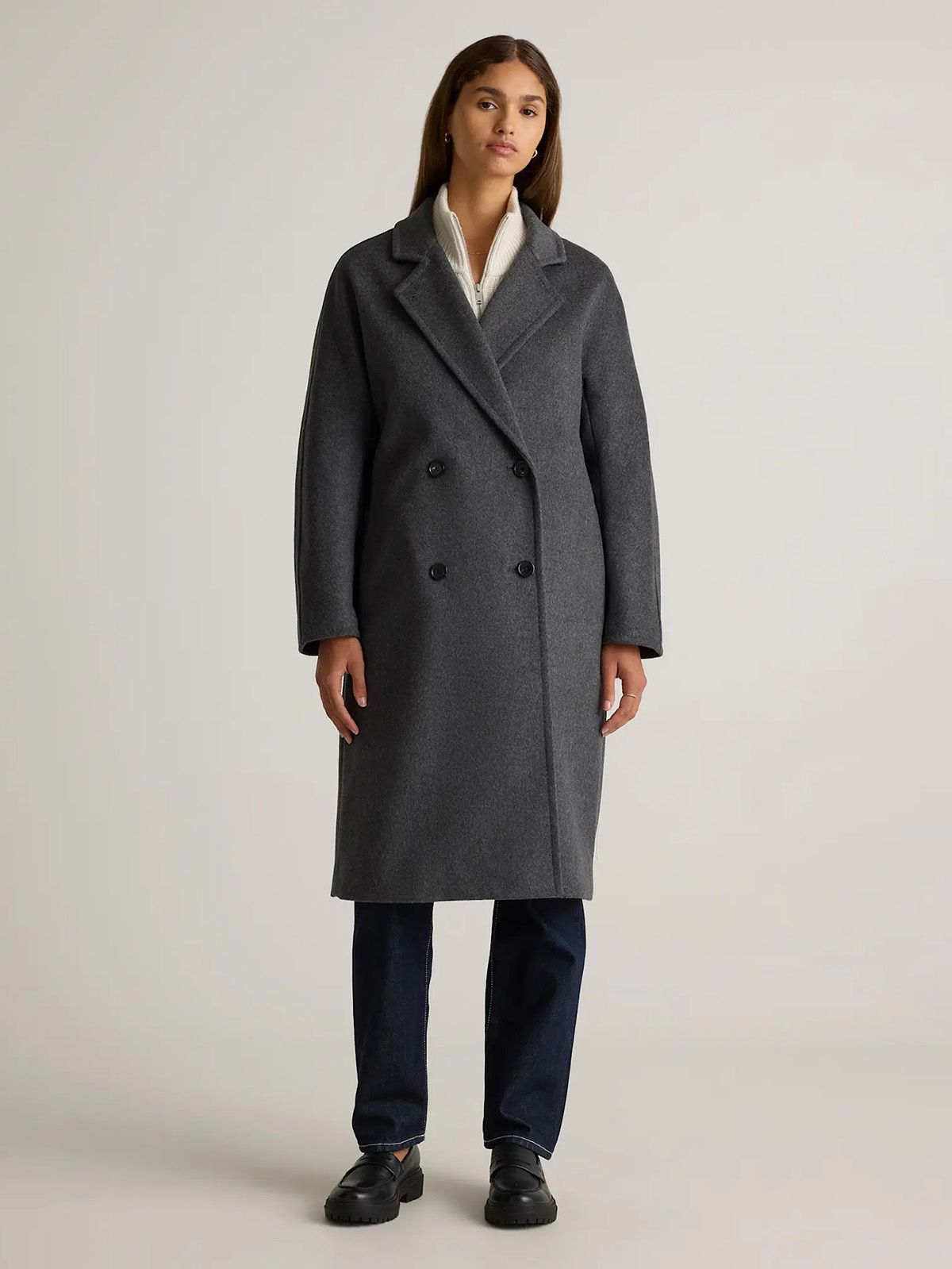 Italian Wool Double-Breasted Slouch Coat in Heather Charcoal
