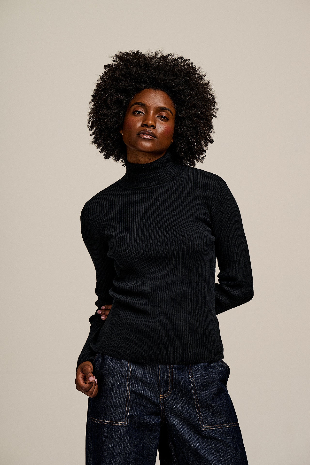 Eva - Knitted Roll Neck Long Sleeve Top in Black (pos) - Black Cotton / Xs (uk 6)