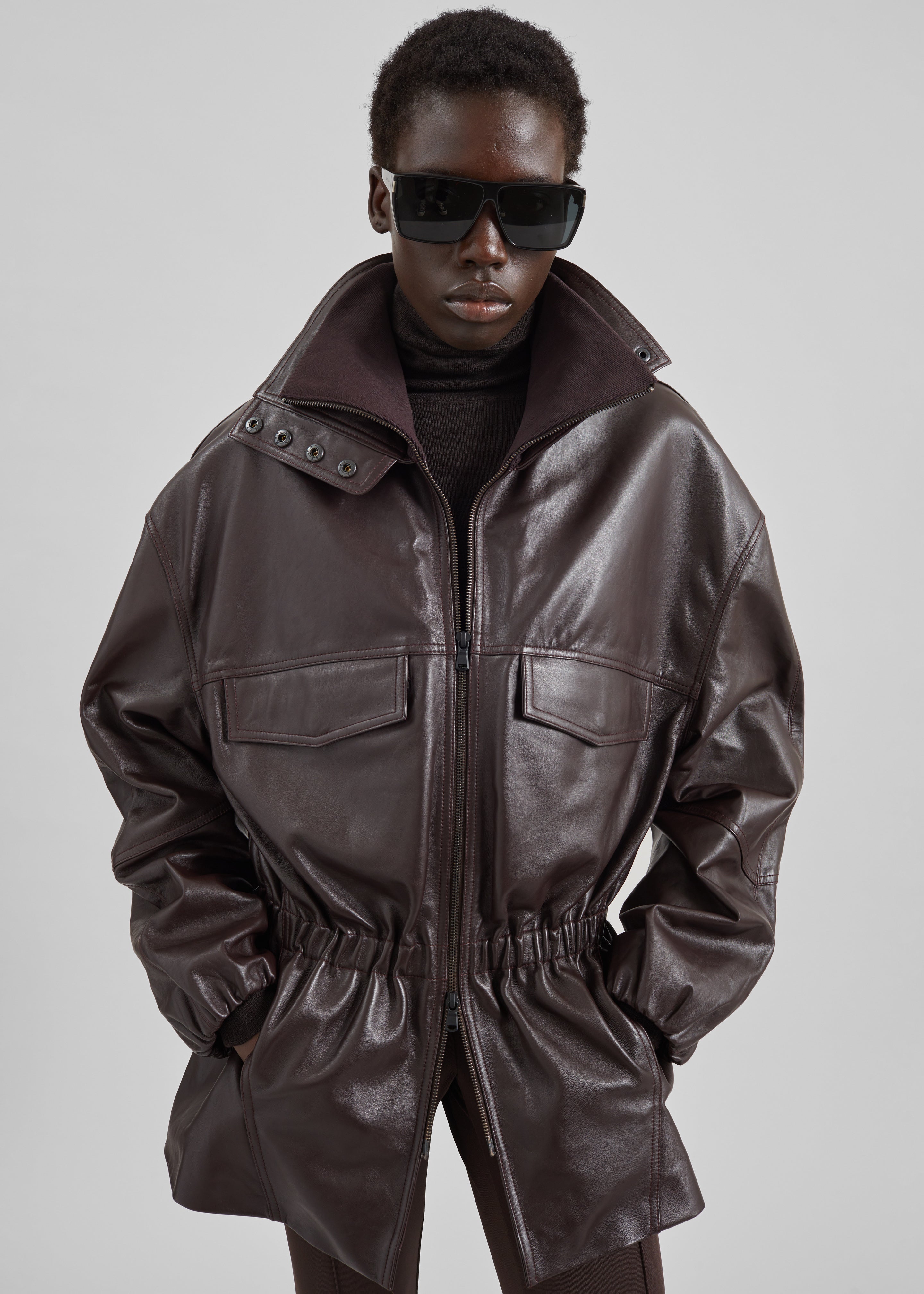 Carnaby Funnel Neck Leather Jacket - Dark Plum