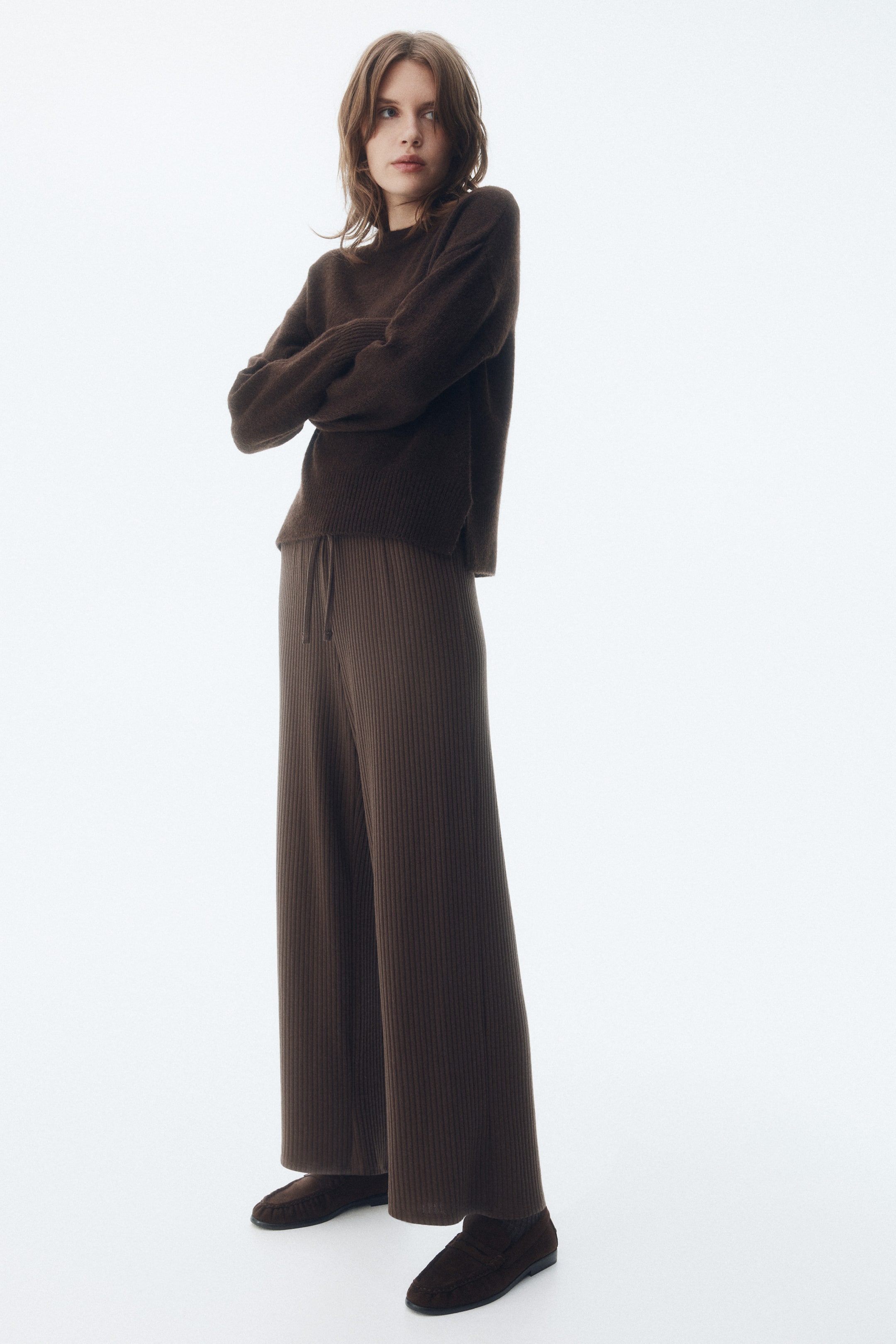 Wide-Leg Rib-Knit Pants - Navy Blue