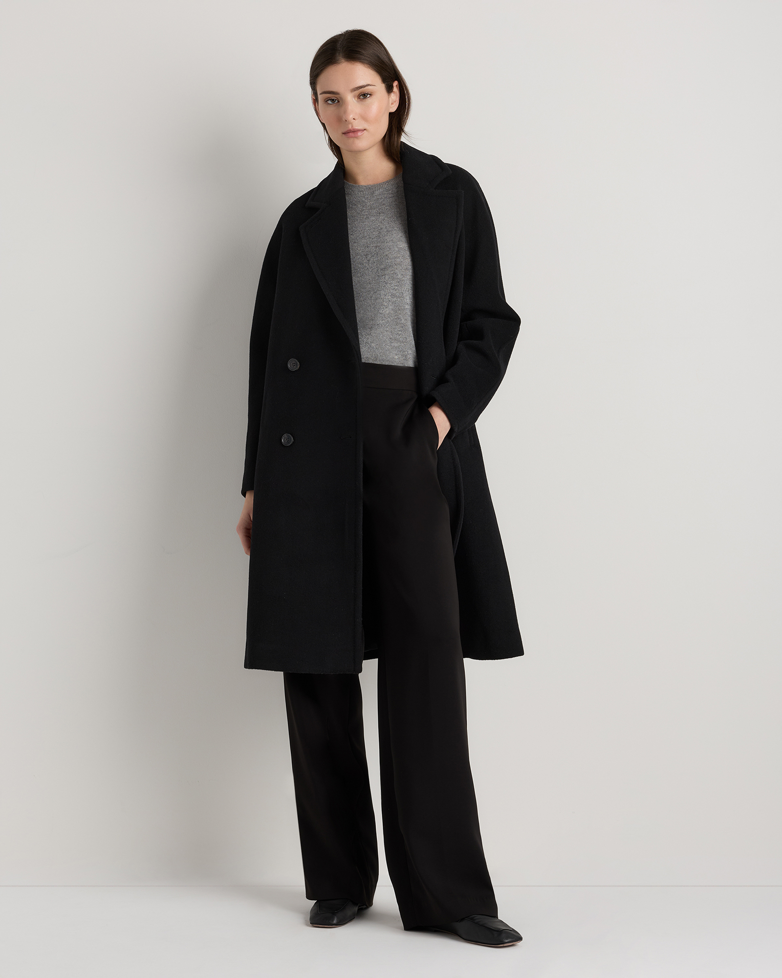 Wool Cashmere Double-Breasted Slouch Coat in Black