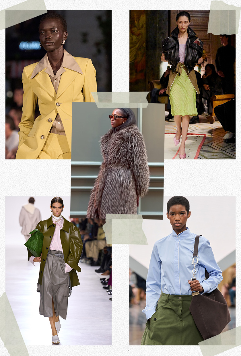 Collage of Anoushka Nmak wearing a brown fur coat surrounded by runway imagery showing the color-blocking trend worn by models in the spring 2026 shows of Ami, Versace, Dior, and Bottega Veneta.