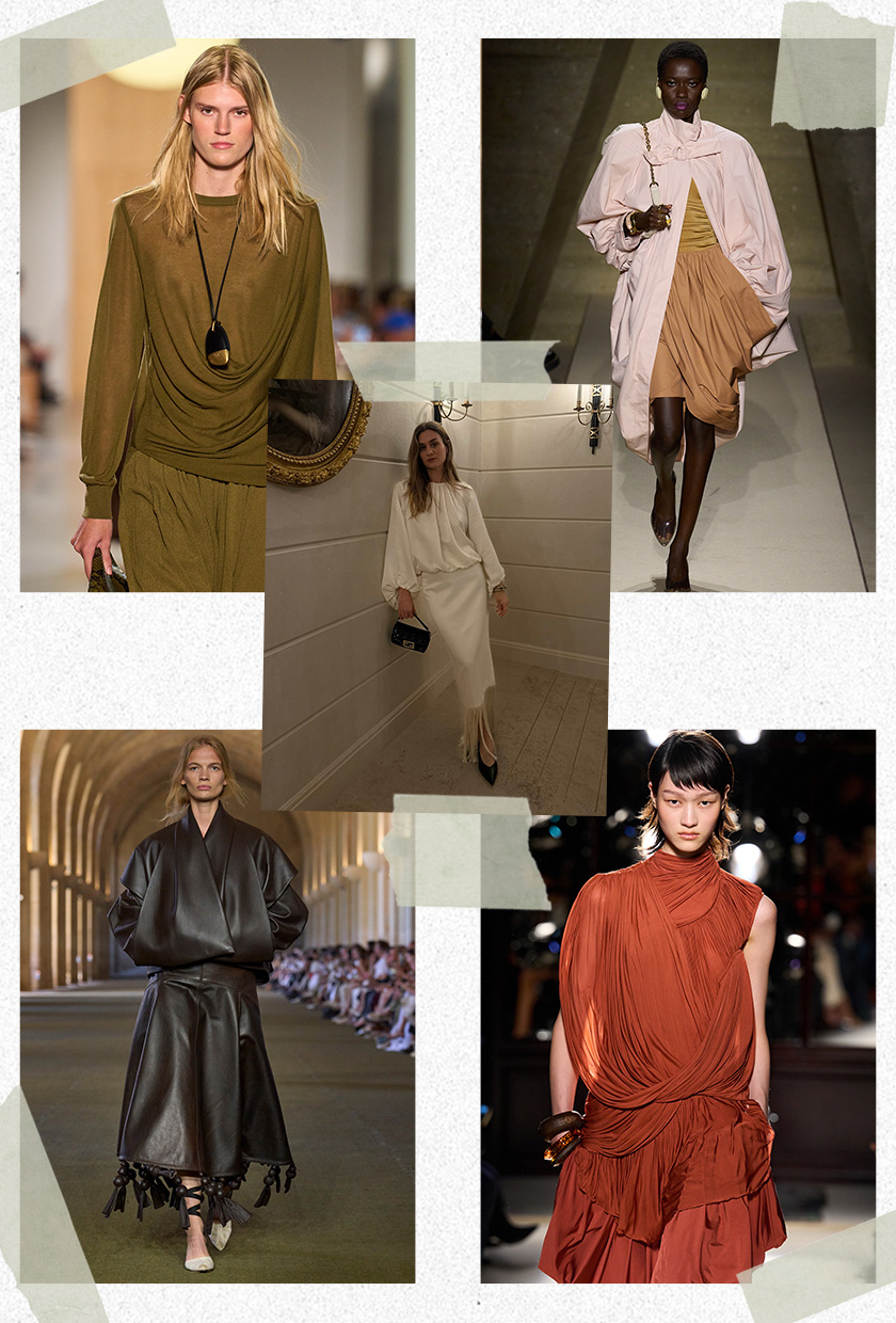 Collage of Adenorah wearing a white draped blouse with a white pencil skirt, black pointed pumps, and a clutch bag surrounded by runway imagery showing draped clothing worn by models in the spring 2026 shows of Michael Kors, Chloe, Balmain, and Jacquemus.