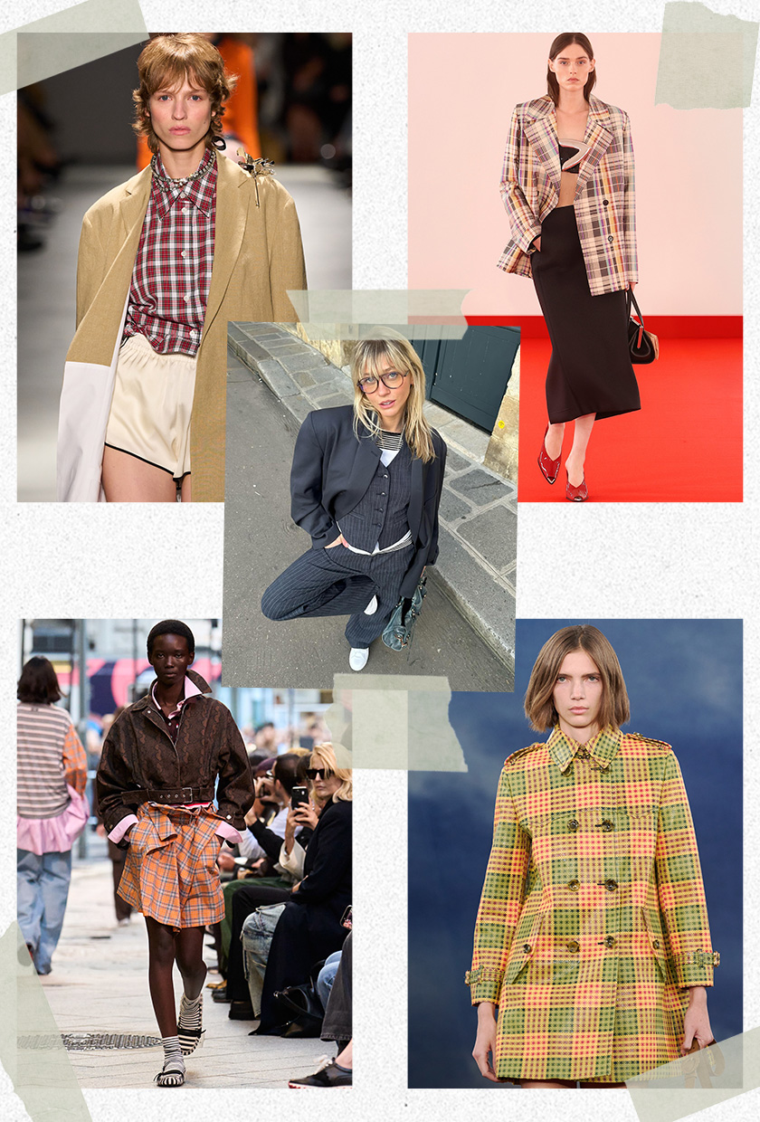 Collage of Rose Doll wearing a gray pinstripe three-piece suit with white sneakers surrounded by runway imagery showing the plaid trend worn by models in the spring 2026 shows of Brandon Maxwell, N&amp;ordm;21, Burberry, and MSGM.