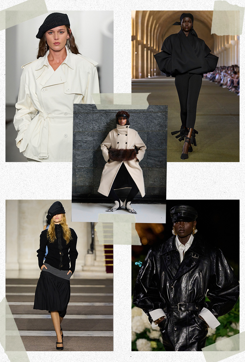 A collage of Sarah Ndiaye wearing a brown fur hat, a trench coat adorned with fur, black leggings, and snakeskin ankle boots surrounded by runway imagery showing the statement hat trend worn by models in the spring 2026 shows of Ralph Lauren, Jacquemus, Saint Laurent, and Torisheju.