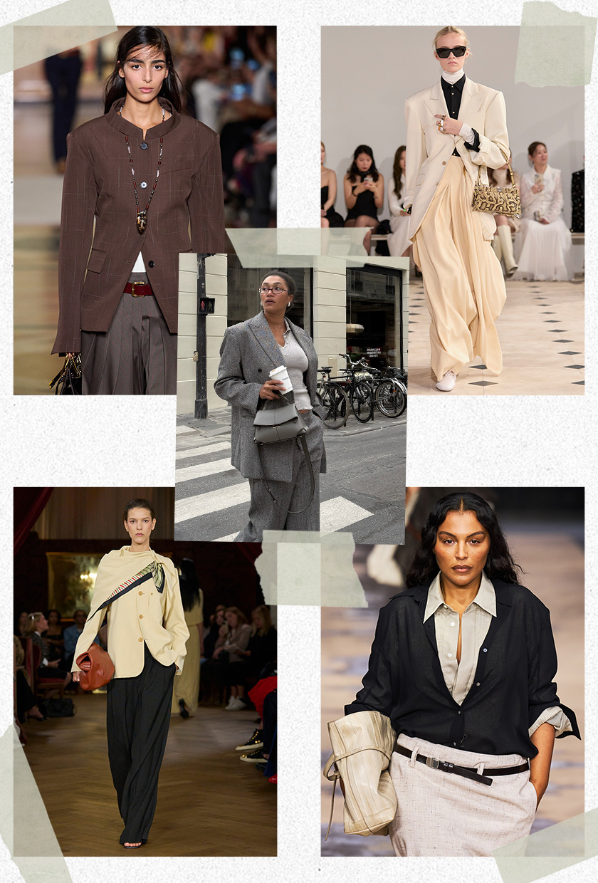 Collage of Lena Farl wearing a gray suit surrounded by runway imagery showing the bourgeois styling trend worn by models in the spring 2026 shows of Tory Burch, Celine, Boss, and Kallmeyer.