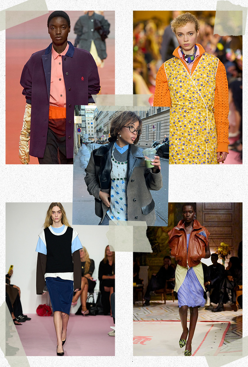 Collage of Ellie Delphine wearing a brown blazer over a baby blue doll dress layered on top of a gray sweater, button-down, and blue jeans surrounded by runway imagery showing the layering trend worn by models in the spring 2026 shows of Prada, Miu Miu, Versace, and Lii.