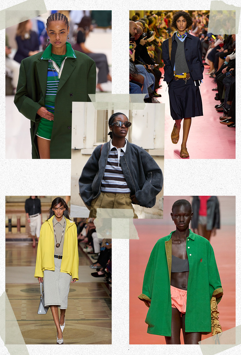 Collage of Olivia Anani wearing a gray bomber jacket over a striped polo shirt with tan shorts and runway imagery showing the prep trend worn by models in the spring 2026 shows of Lacoste, Miu Miu, Prada, and Tory Burch.