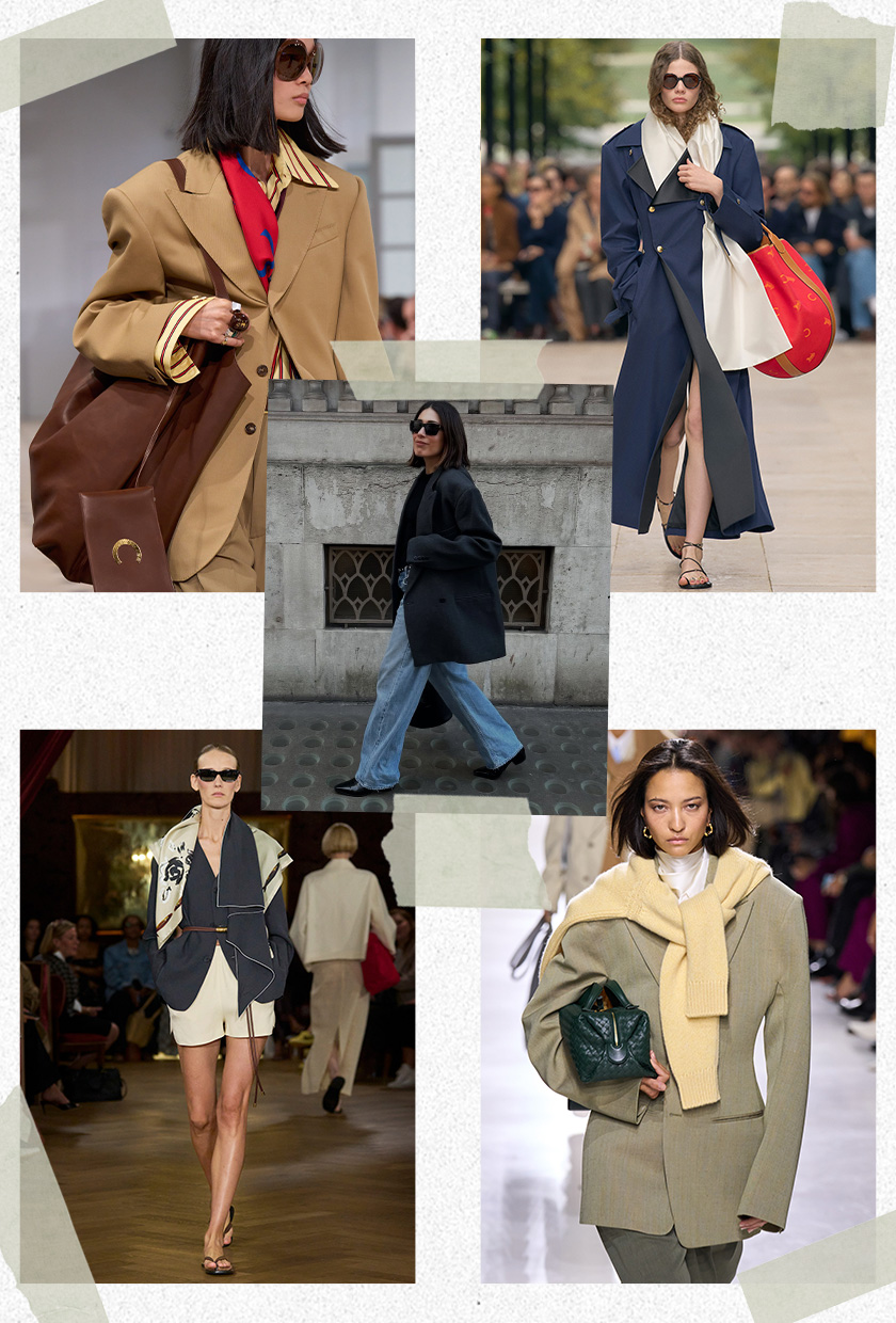 Collage of Lucy Alston wearing a black blazer over a black crewneck styled with jeans and black boots surrounded by runway imagery showing the bourgeois styling trend worn by models in the spring 2026 shows of Celine, Bottega Veneta, and Kallmeyer.