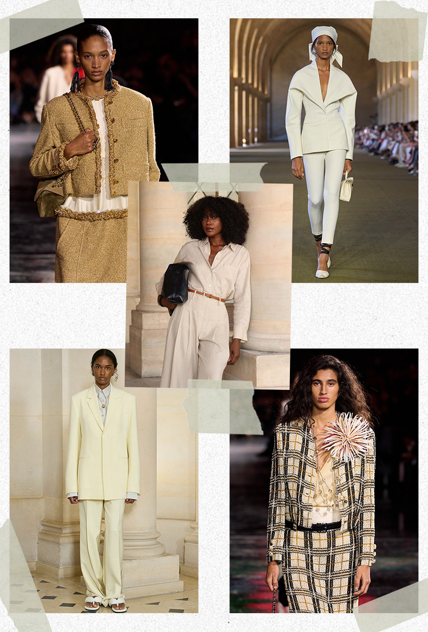 Collage of Andrea Mun wearing a beige button-down shirt tucked into matching pleated trousers with a black bag and brown belt surrounded by runway imagery showing the matching set trend worn by models in the spring 2026 shows of Chanel, Carven, and Jacquemus.