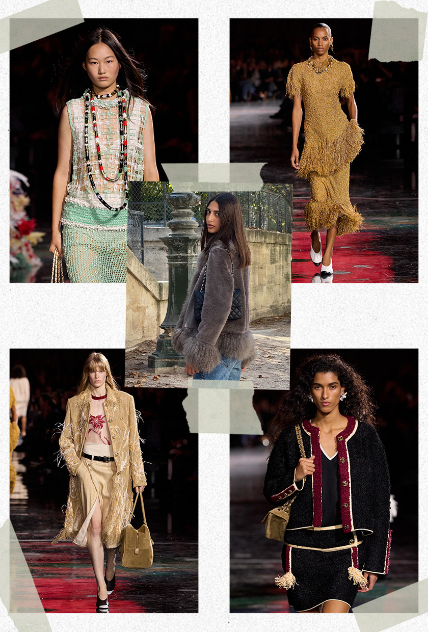 Collage of Salome Mory wearing a gray fur coat and jeans surrounded by runway imagery showing the maximalist trend worn by models in the spring 2026 show of Chanel.