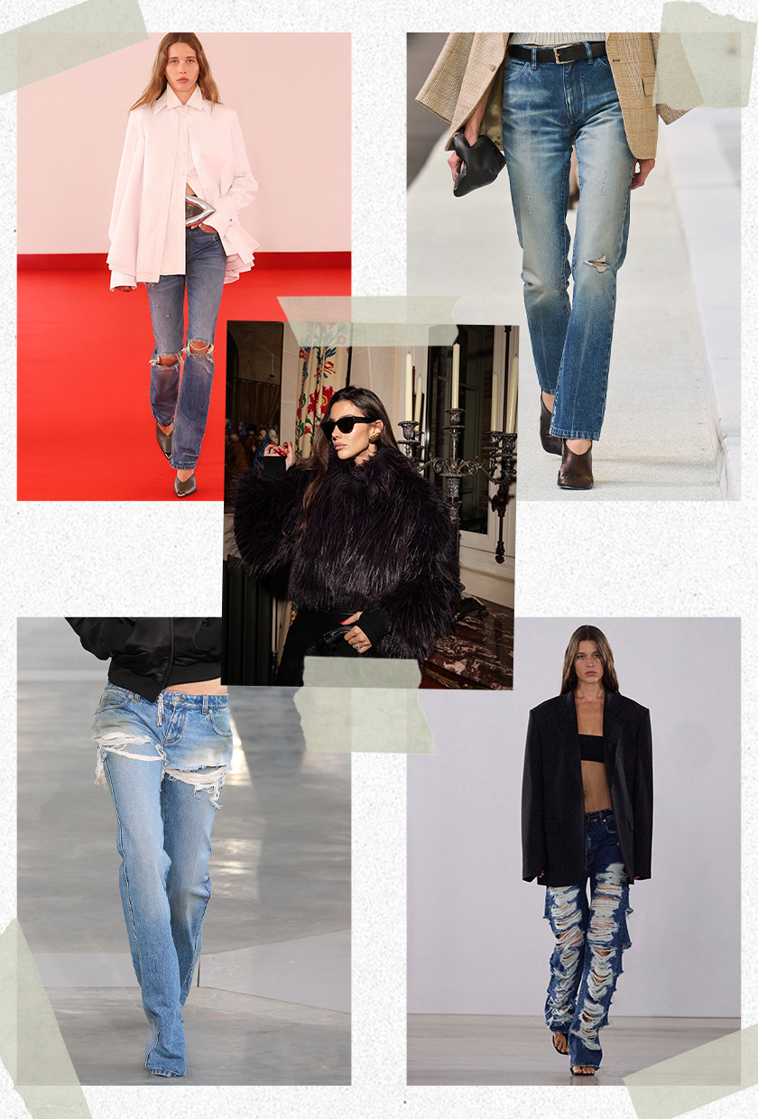 Collage of Mina Habchi wearing black sunglasses, a brown fun coat, and black trousers and runway imagery showing the ripped denim trend worn by models in the spring 2026 shows of Brandon Maxwell, Maison Margiela, Area, and Simkhai.